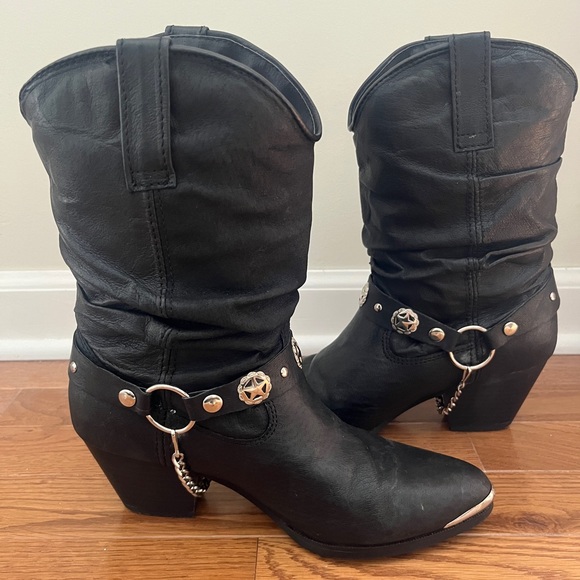 Dingo Olivia Black Slouch Leather Cowboy Boots - Picture 2 of 10